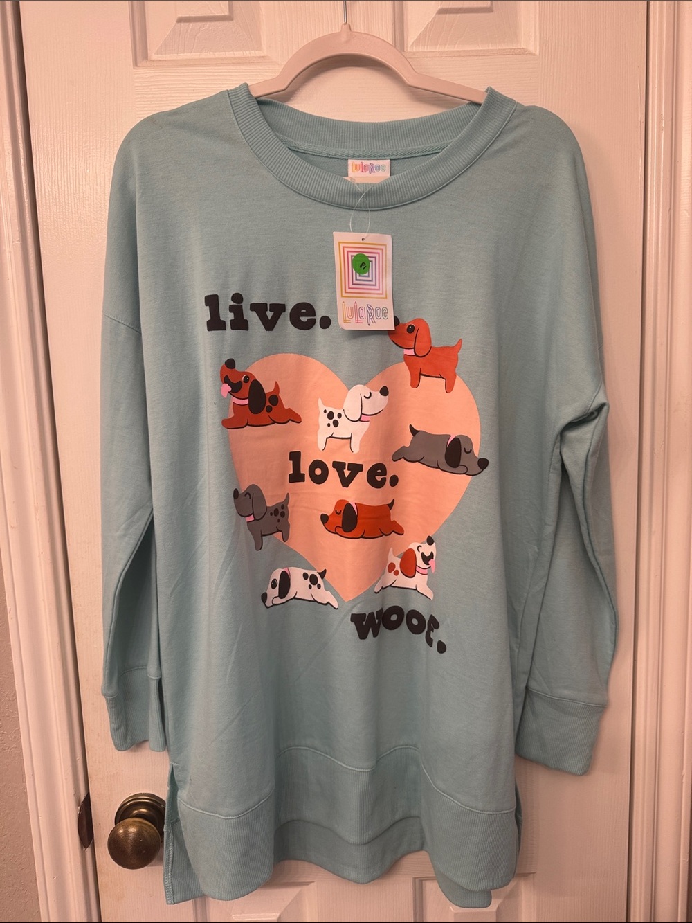 LuLaRoe Light Teal Women’s Sweatshirt with Puppy Heart Graphic